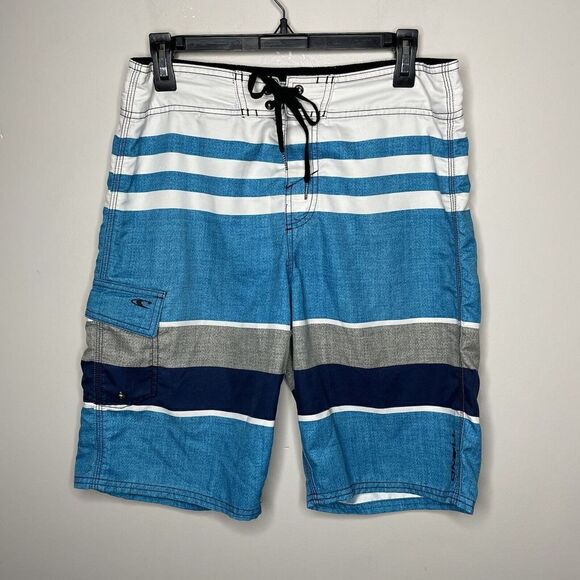O'NEILL Mens Blue White Black Stripe Board Shorts Unlined Hook & Loop 31 x 10 - Picture 1 of 8